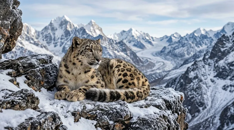 Fotografía de un leopardo de las nieves en una cresta rocosa helada en el Himalaya