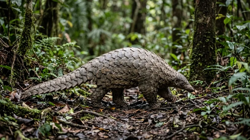 Pangolín enroscado en una esfera perfecta mostrando sus escamas romboidales protectoras de queratina pura.