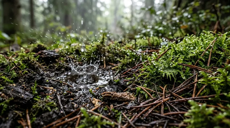 Gota de lluvia impactando contra la tierra húmeda liberando microaerosoles iluminados por un rayo de sol suave.